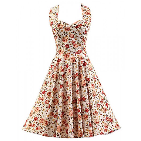 Women's White Floral Dress , Vintage Halter 50s Rockabilly Swing Dress