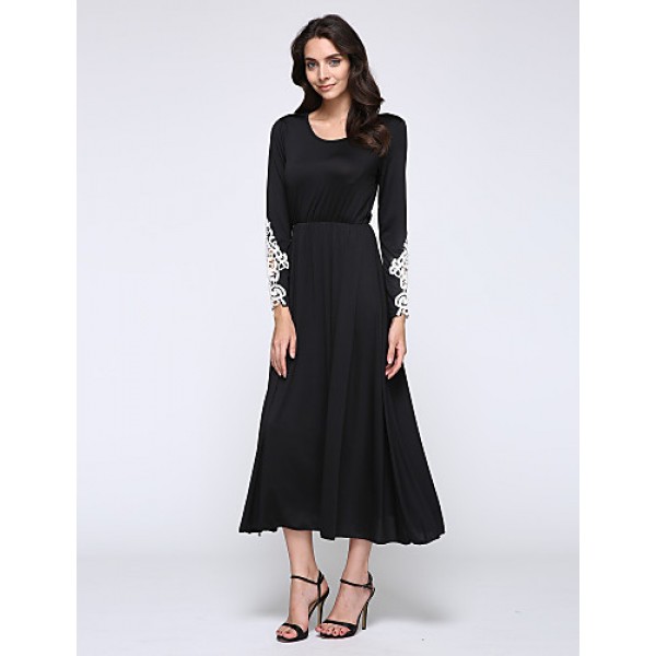 Women's Casual/Daily Simple Little Black / Swing Dress,Patchwork Round Neck Maxi Long Sleeve Black Polyester / Spandex Spring Mid Rise