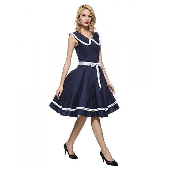 Women's 50s Vintage Nautical Sailor Rockabilly Hepburn Pinup Business Swing Dress 526