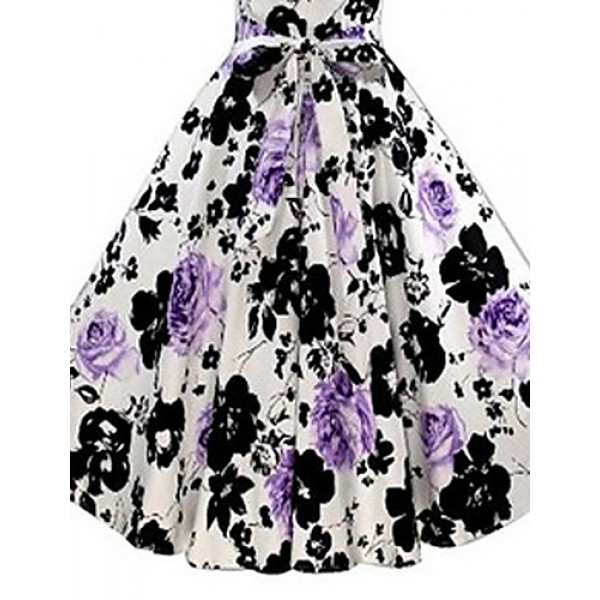 Women's Going out Vintage Skater Dress,Floral Round Neck Midi Sleeveless Purple Polyester All Seasons Mid Rise Micro-elastic Medium