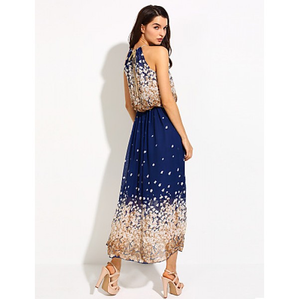 Women's Beach / Holiday Boho Chiffon / Swing Dress,Floral Halter Maxi Sleeveless Blue Polyester Spring / Summer Mid Rise Micro-elastic