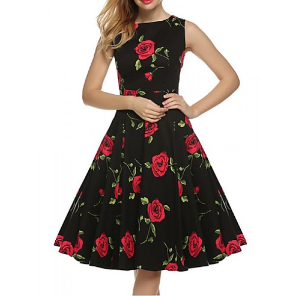 Women's Vintage / Simple / Street chic Floral Swing Dress,Round Neck Knee-length Cotton / Polyester