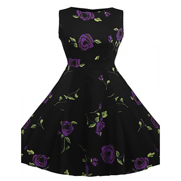 Women's Vintage / Simple / Street chic Floral Swing Dress,Round Neck Knee-length Cotton / Polyester