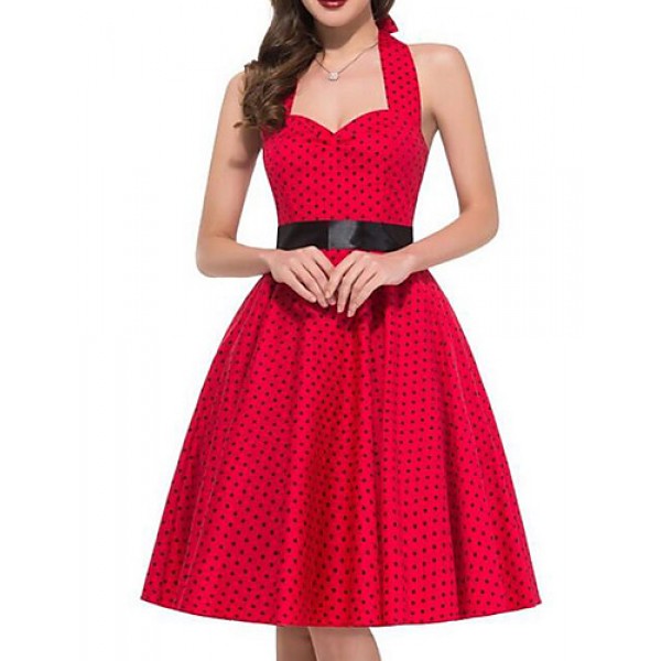 Women's Going out Vintage A Line Dress,Polka Dot Halter Knee-length Sleeveless Red Polyester Summer