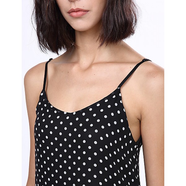 Women's Beach Boho Loose Dress,Polka Dot Strap Maxi Sleeveless Black Rayon Summer Low Rise Inelastic Opaque