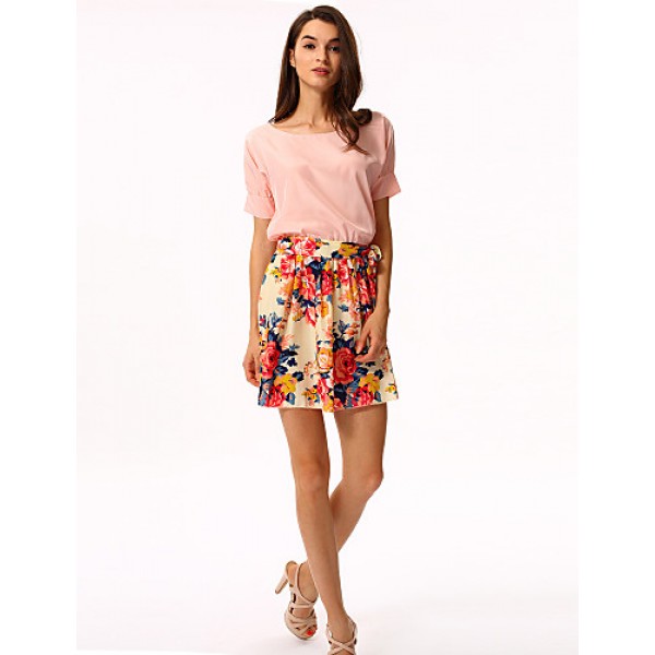 Women's White/Pink Round Flower Print Chiffon Short Sleeve Dress