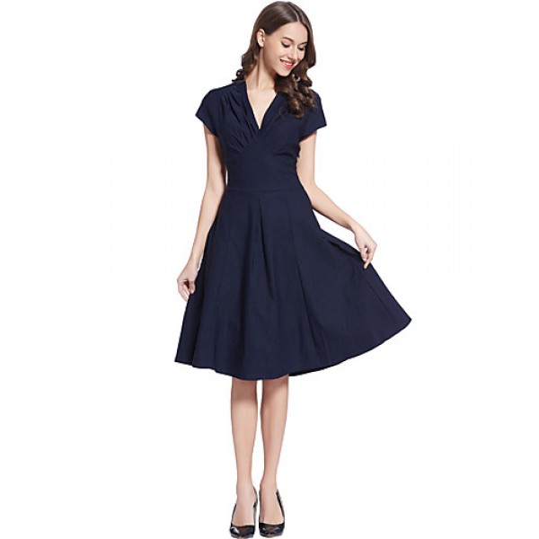 Women's Going out Vintage / Simple / Street chic Swing Dress,Solid Deep V Knee-length Short Sleeve