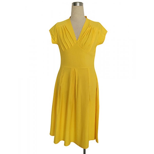 Women's Going out Vintage / Simple / Street chic Swing Dress,Solid Deep V Knee-length Short Sleeve