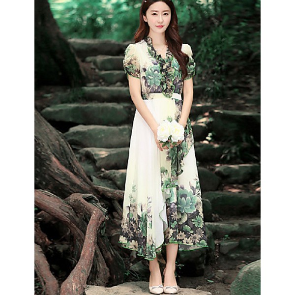 Women's Vintage Party Micro Elastic Short Sleeve Midi Dress (Chiffon)