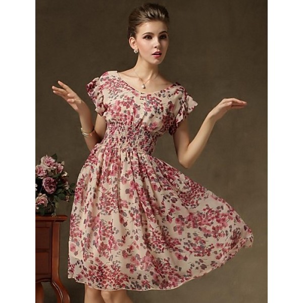 Women's Vintage Short Sleeve Floral Print Chiffon Dress