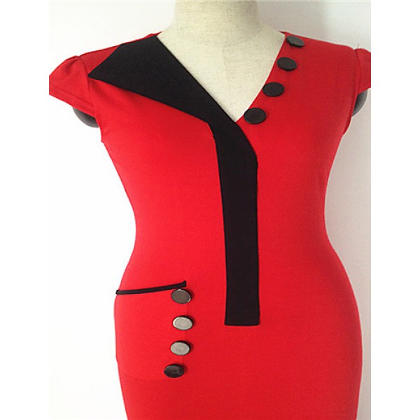 Women's Vintage V Neck Button Dress , Cotton Blends Red Bodycon/Casual/Party/Work