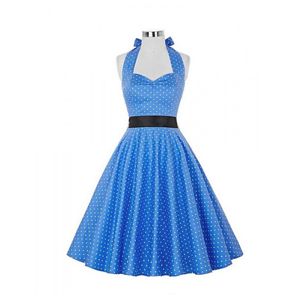 Women's Going out Vintage A Line Dress,Polka Dot Halter Knee-length Sleeveless Blue / Black Polyester Summer