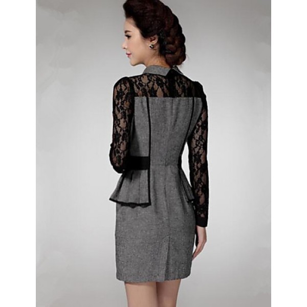 Women's Patchwork Red / Gray Lace Hin Thin Slim Temperament Dress , Work / Plus Sizes Shirt Collar Long Sleeve