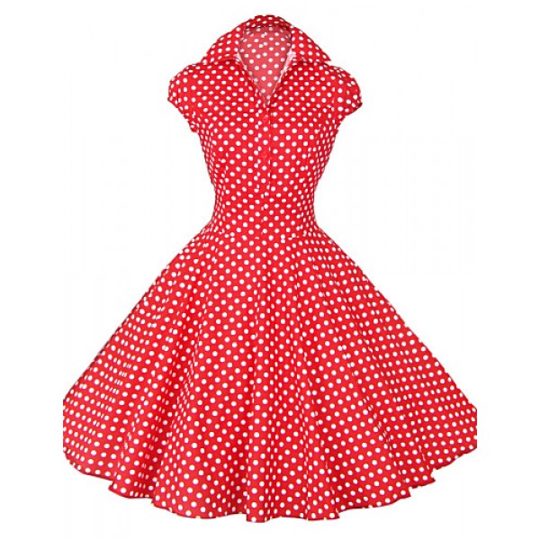 Women's White/Black/Blue 50s Vintage Polka Dots Swing Midi Dress