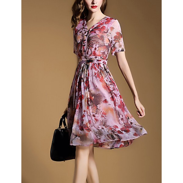 Women's Vintage Print Sheath Dress,V Neck Knee-length Silk