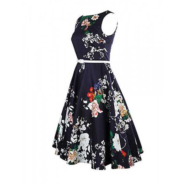 Women's Casual/Daily Vintage A Line Dress,Floral Round Neck Knee-length Sleeveless Blue Cotton Summer