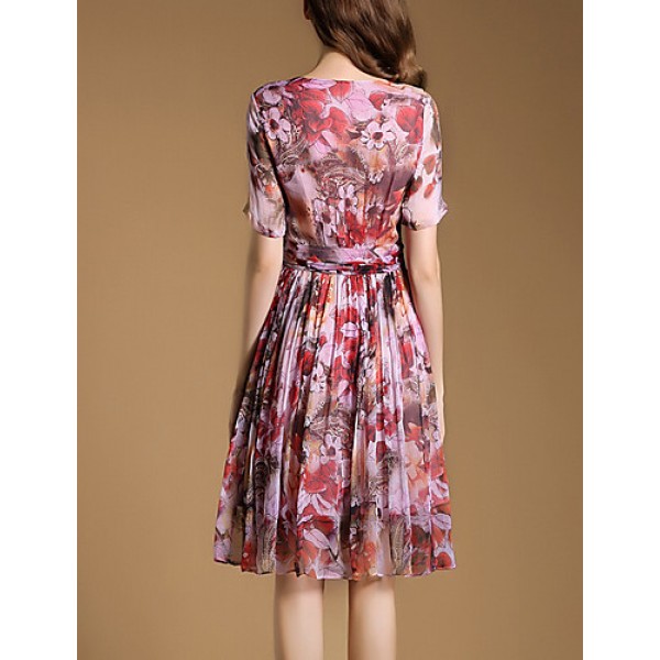 Women's Vintage Print Sheath Dress,V Neck Knee-length Silk