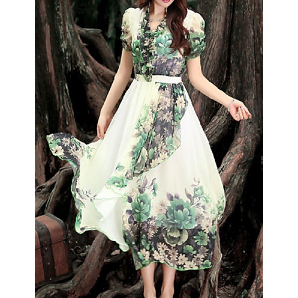 Women's Vintage Party Micro Elastic Short Sleeve Midi Dress (Chiffon)