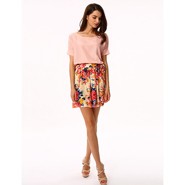 Women's White/Pink Round Flower Print Chiffon Short Sleeve Dress