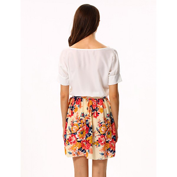 Women's White/Pink Round Flower Print Chiffon Short Sleeve Dress