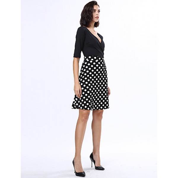 Women's Casual/Daily Plus Size Dress,Solid / Polka Dot V Neck Knee-length ? Length Sleeve Black Polyester Fall