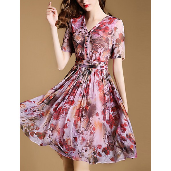 Women's Vintage Print Sheath Dress,V Neck Knee-length Silk