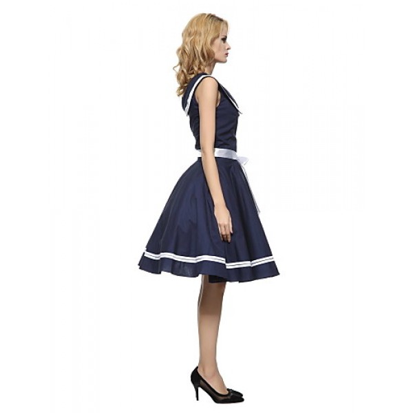 Women's 50s Vintage Nautical Sailor Rockabilly Hepburn Pinup Business Swing Dress 526