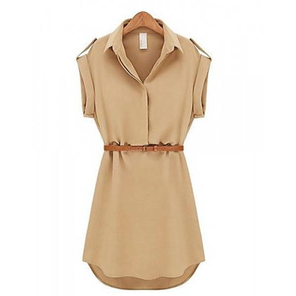 Women's Casual Solid Shirt Collar Short Sleeve Mini Belted Chiffon Dress