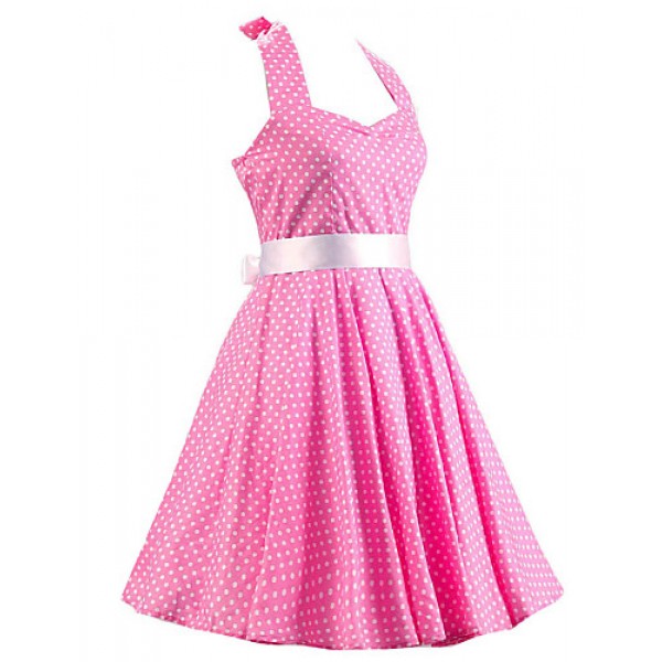 Women's Pink White Mini Polka Dot Dress , Vintage Halter 50s Rockabilly Swing Dress