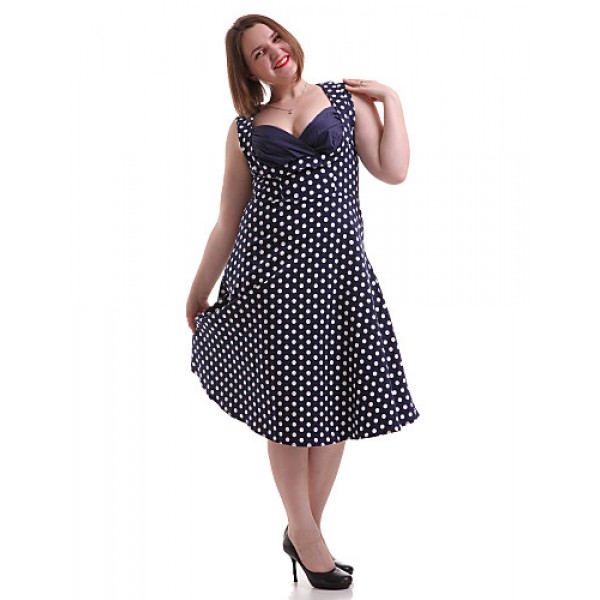 Women's Going out / Casual/Daily / Plus Size Vintage A Line Dress,Polka Dot Sweetheart Knee-length Sleeveless Blue / Red Cotton / Spandex