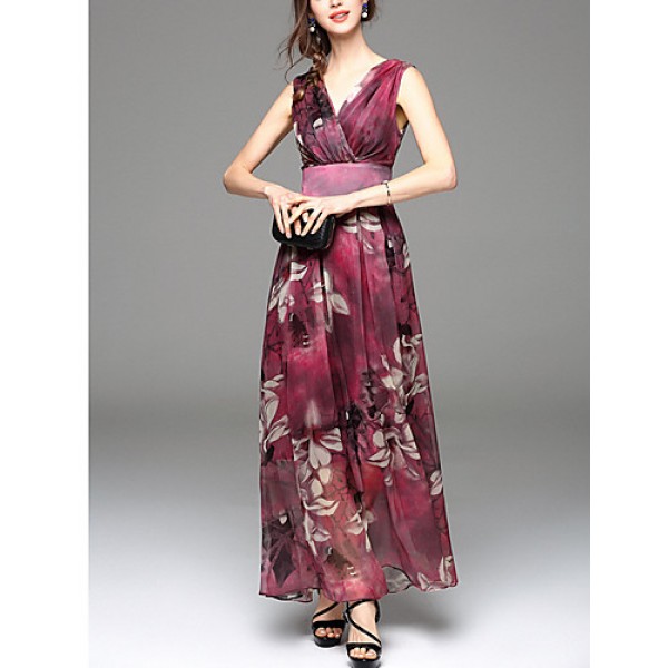 Going out Simple Sheath Dress,Print V Neck Maxi Sleeveless Blue / Red Polyester Summer Mid Rise