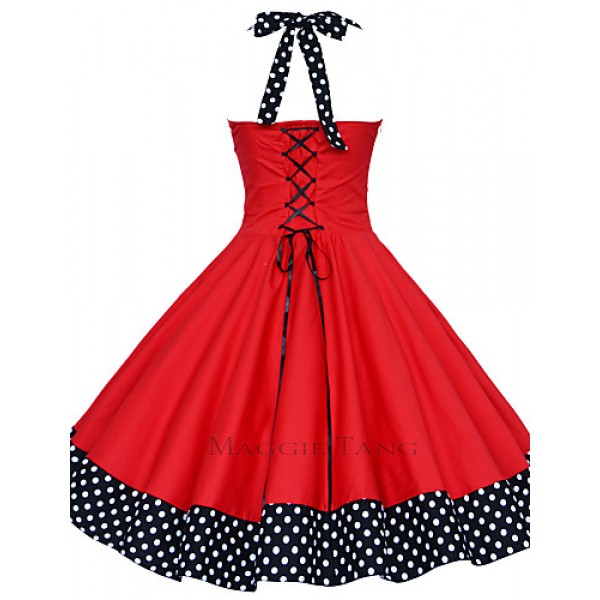 Women's Red/Black Vintage Polka Dots Midi Swing Dress, Full Circle Halter