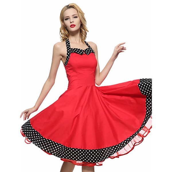 Women's Red/Black Vintage Polka Dots Midi Swing Dress, Full Circle Halter