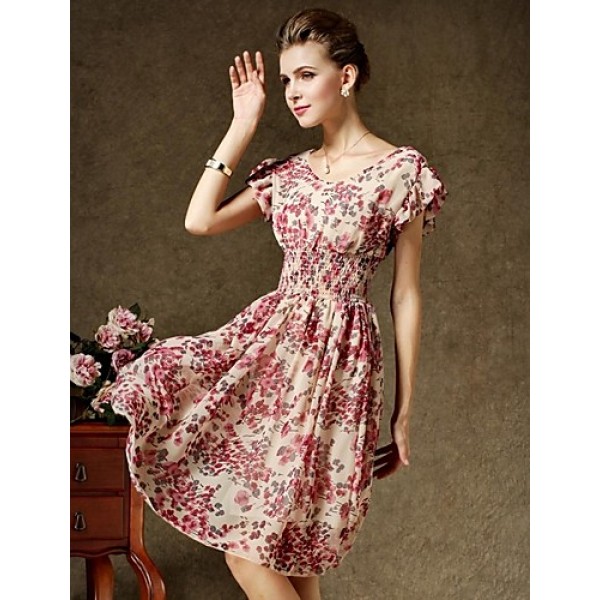 Women's Vintage Short Sleeve Floral Print Chiffon Dress