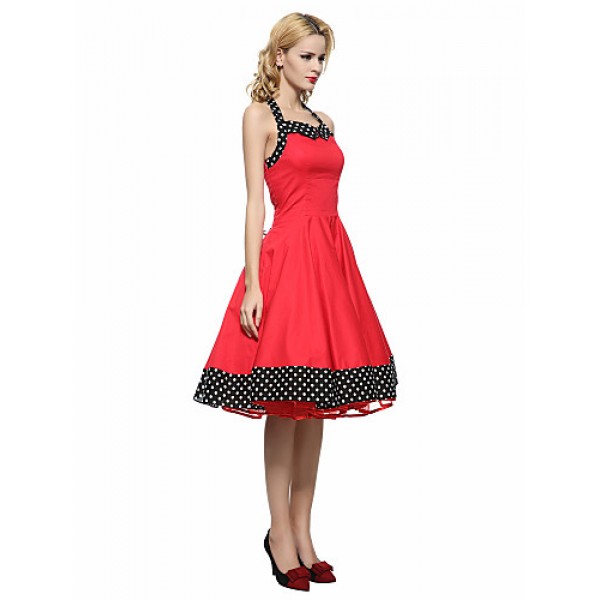 Women's Red/Black Vintage Polka Dots Midi Swing Dress, Full Circle Halter