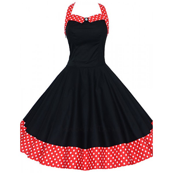 Women's Red/Black Vintage Polka Dots Midi Swing Dress, Full Circle Halter