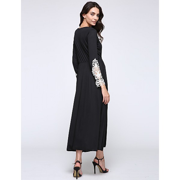 Women's Casual/Daily Simple Little Black / Swing Dress,Patchwork Round Neck Maxi Long Sleeve Black Polyester / Spandex Spring Mid Rise