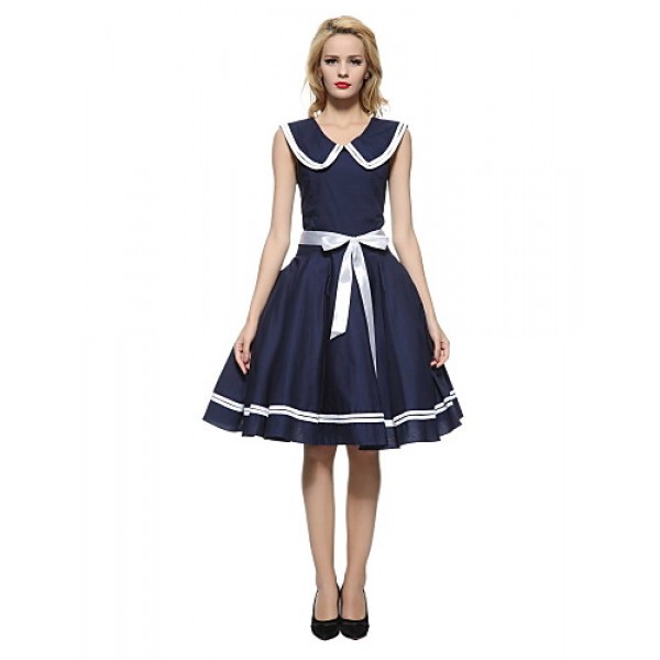 Women's 50s Vintage Nautical Sailor Rockabilly Hepburn Pinup Business Swing Dress 526