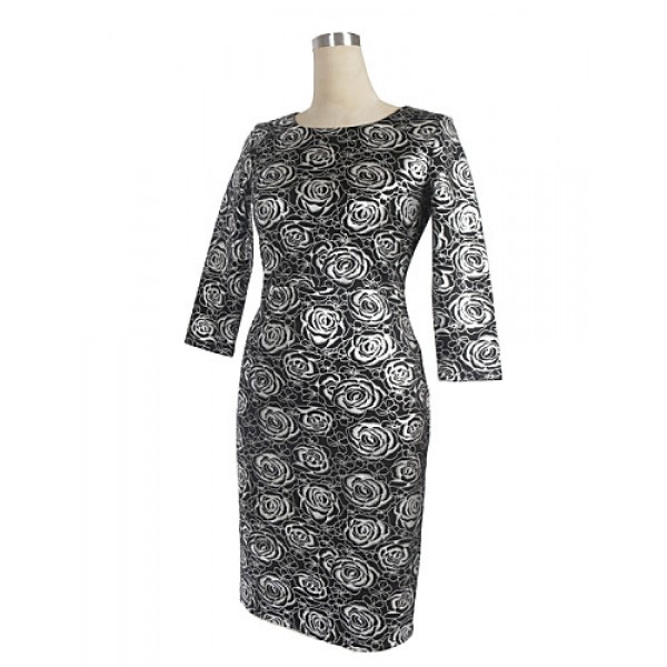 Women's Party/Cocktail Plus Size Dress,Floral Round Neck Knee-length ? Length Sleeve Black Cotton / Polyester All Seasons