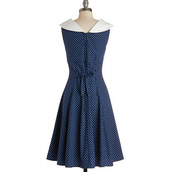 Women's Party/Cocktail Vintage A Line / Skater Dress,Polka Dot V Neck Knee-length Sleeveless Blue Cotton / Polyester Fall High Rise