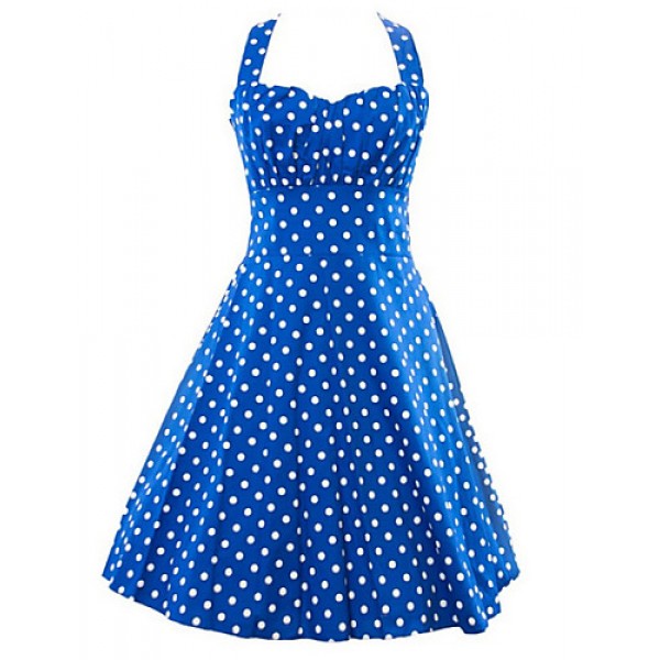 Women's Retro 50s Slim Polka Dot Sleeveless Swing Party Dress