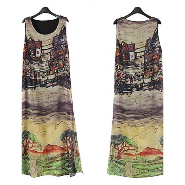 Women's Loose Dress,Print Round Neck Midi Sleeveless Summer