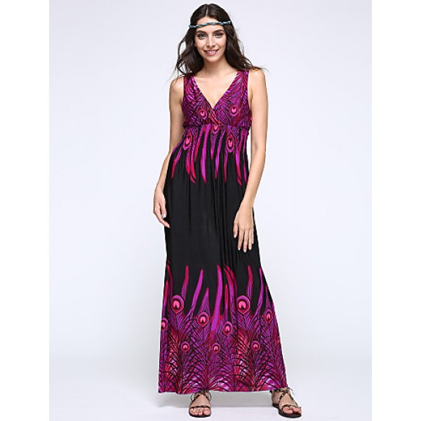 Women's Print Blue/Orange/Purple Dress,Maxi Deep V Sleeveless 