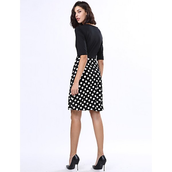 Women's Casual/Daily Plus Size Dress,Solid / Polka Dot V Neck Knee-length ? Length Sleeve Black Polyester Fall