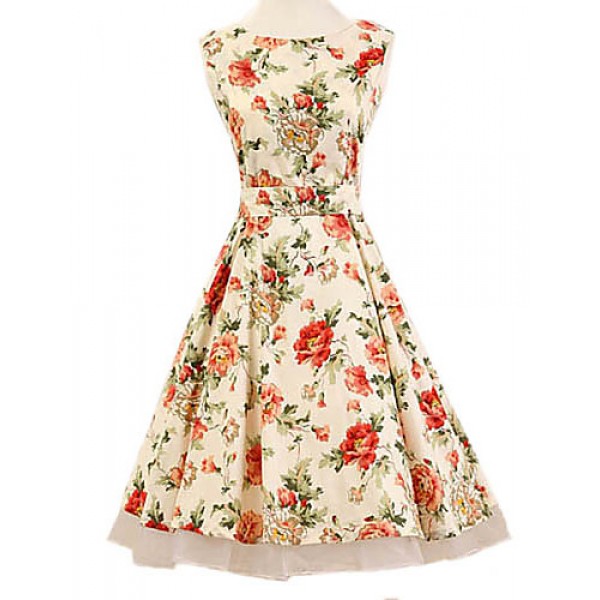 Women's Halter 50s Vintage Flower Print Rockabilly Sleeveless Dress(Not Include Petticoat)