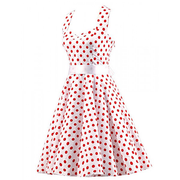 Women's White Red Mini Polka Dot Dress , Vintage Halter 50s Rockabilly Swing Dress