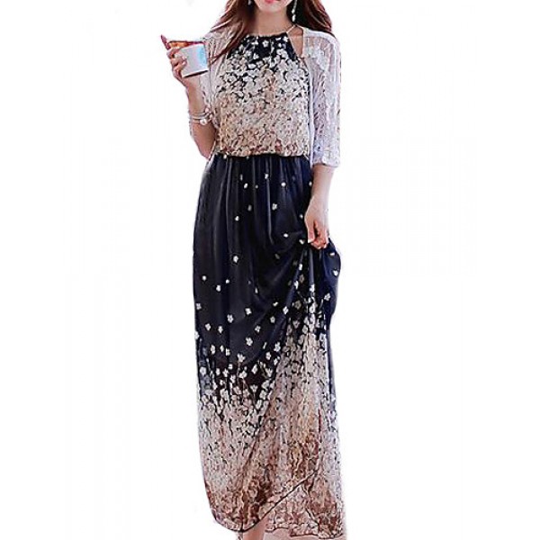 Women's Beach / Holiday Boho Chiffon / Swing Dress,Floral Halter Maxi Sleeveless Blue Polyester Spring / Summer Mid Rise Micro-elastic