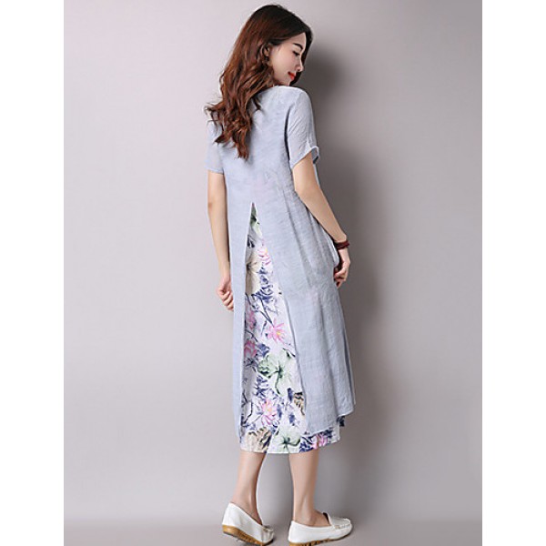 Women's Vintage Ethnic Print Floral Loose Dress,Casual/Daily Round Neck False two Midi Sweet Cotton / Linen