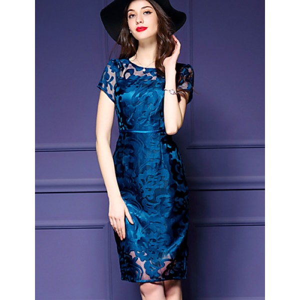 Women's Vintage Print Plus Size / Sheath Dress,Round Neck Knee-length Polyester