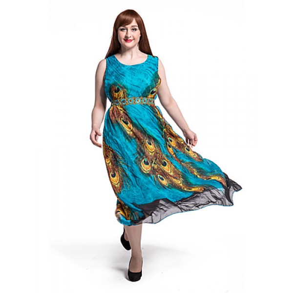 Women's Beach Plus Size / Swing Dress,Animal Print Round Neck Maxi Sleeveless Blue Polyester Summer